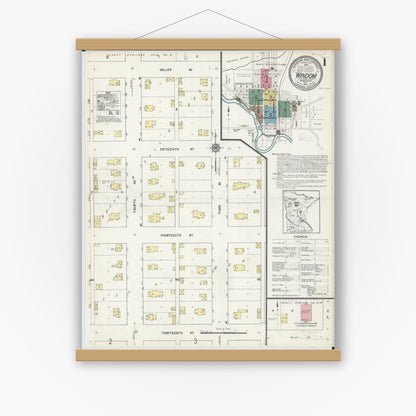Old map wall art mockup — magnetic wood frame on white wall — Sanborn Fire Insurance Map from Windom, Cottonwood County, Minnesota (1913), Sheet #0001