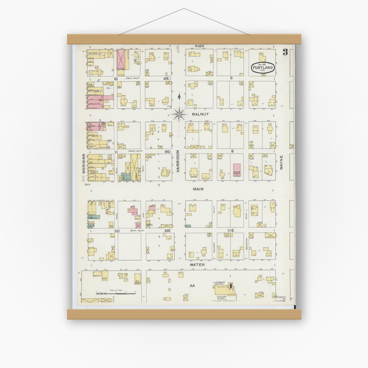 Old map wall art mockup — magnetic wood frame on white wall — Sanborn Fire Insurance Map from Portland, Jay County, Indiana (1892), Sheet #0003