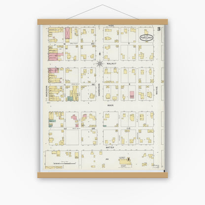 Old map wall art mockup — magnetic wood frame on white wall — Sanborn Fire Insurance Map from Portland, Jay County, Indiana (1892), Sheet #0003