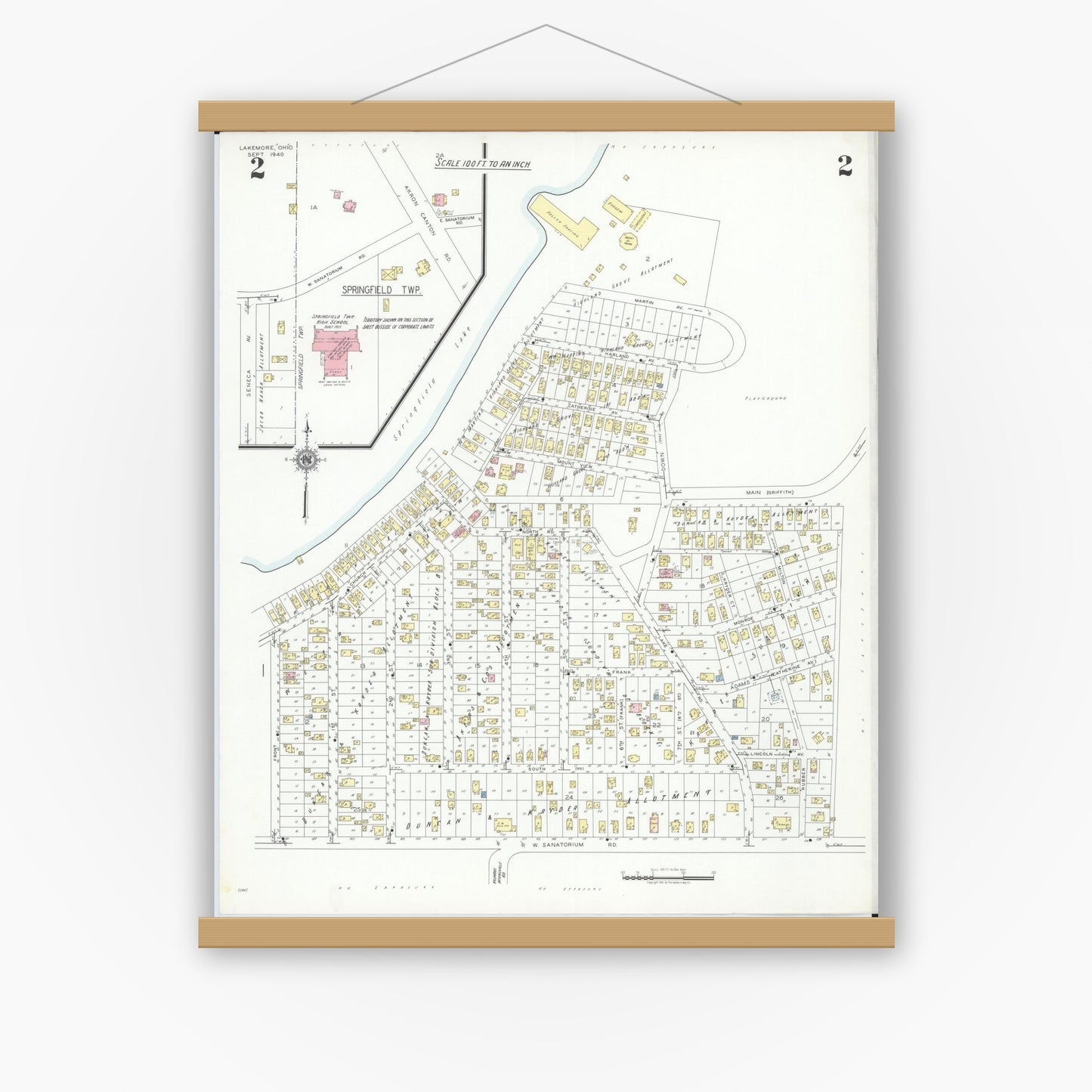 Old map wall art mockup — magnetic wood frame on white wall — Sanborn Fire Insurance Map from Lakemore, Summit County, Ohio (1940), Sheet #0002