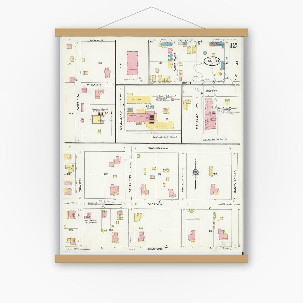 Old map wall art mockup — magnetic wood frame on white wall — Sanborn Fire Insurance Map from Laredo, Webb County, Texas (1909), Sheet #0012