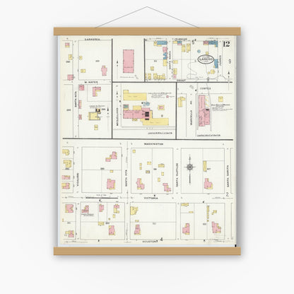 Old map wall art mockup — magnetic wood frame on white wall — Sanborn Fire Insurance Map from Laredo, Webb County, Texas (1909), Sheet #0012