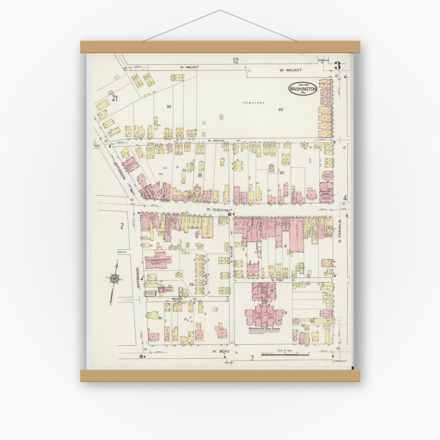 Old map wall art mockup — magnetic wood frame on white wall — Sanborn Fire Insurance Map from Washington, Washington County, Pennsylvania (1914), Sheet #0003