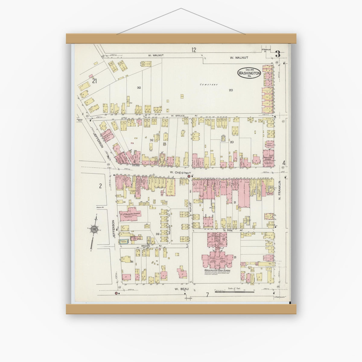 Old map wall art mockup — magnetic wood frame on white wall — Sanborn Fire Insurance Map from Washington, Washington County, Pennsylvania (1914), Sheet #0003