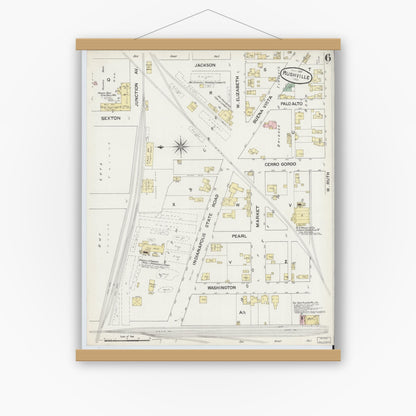 Old map wall art mockup — magnetic wood frame on white wall — Sanborn Fire Insurance Map from Rushville, Rush County, Indiana (1887), Sheet #0006
