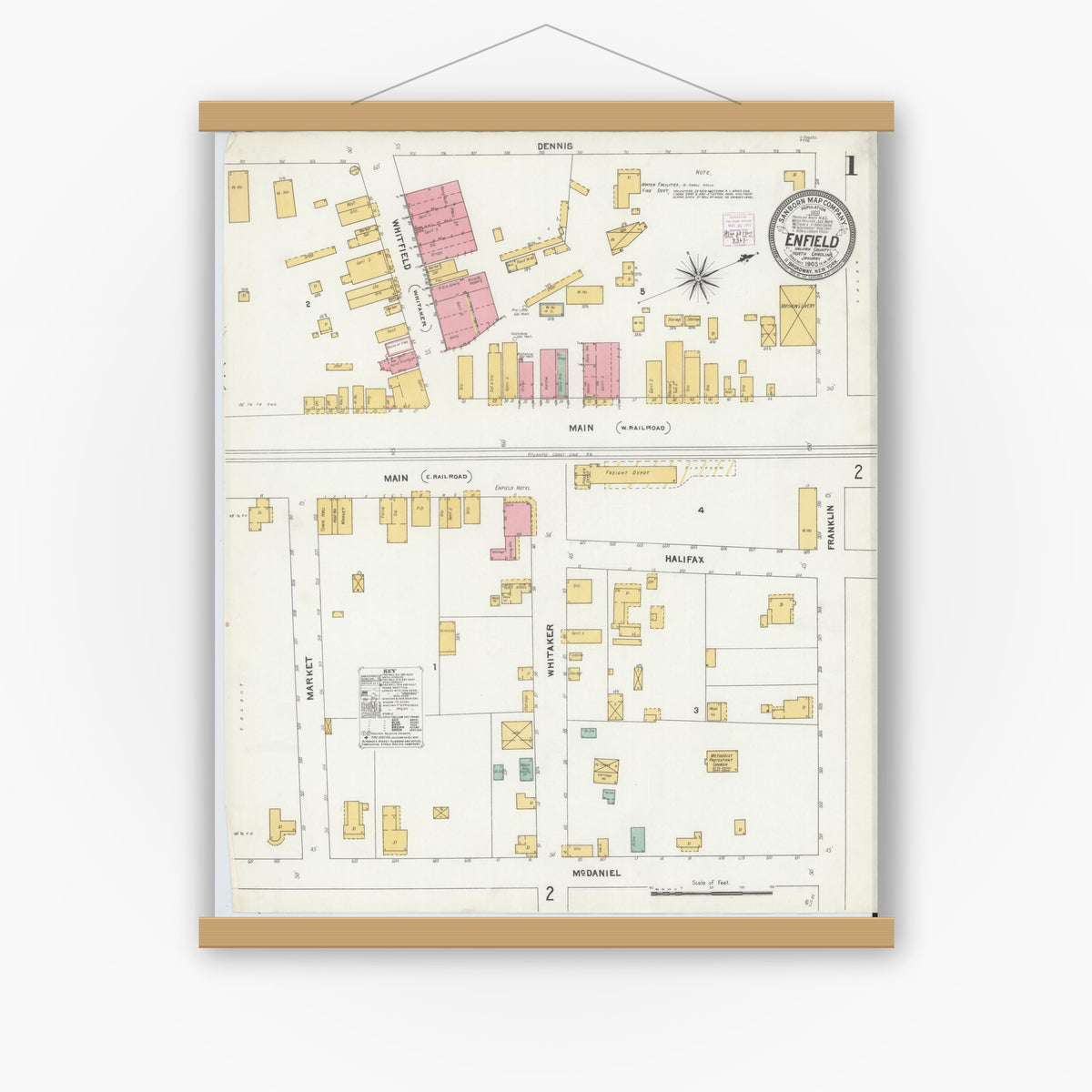 Old map wall art mockup — magnetic wood frame on white wall — Sanborn Fire Insurance Map from Enfield, Halifax County, North Carolina (1905) - Complete Map Set