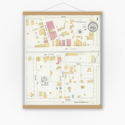 Old map wall art mockup — magnetic wood frame on white wall — Sanborn Fire Insurance Map from Enfield, Halifax County, North Carolina (1905) - Complete Map Set