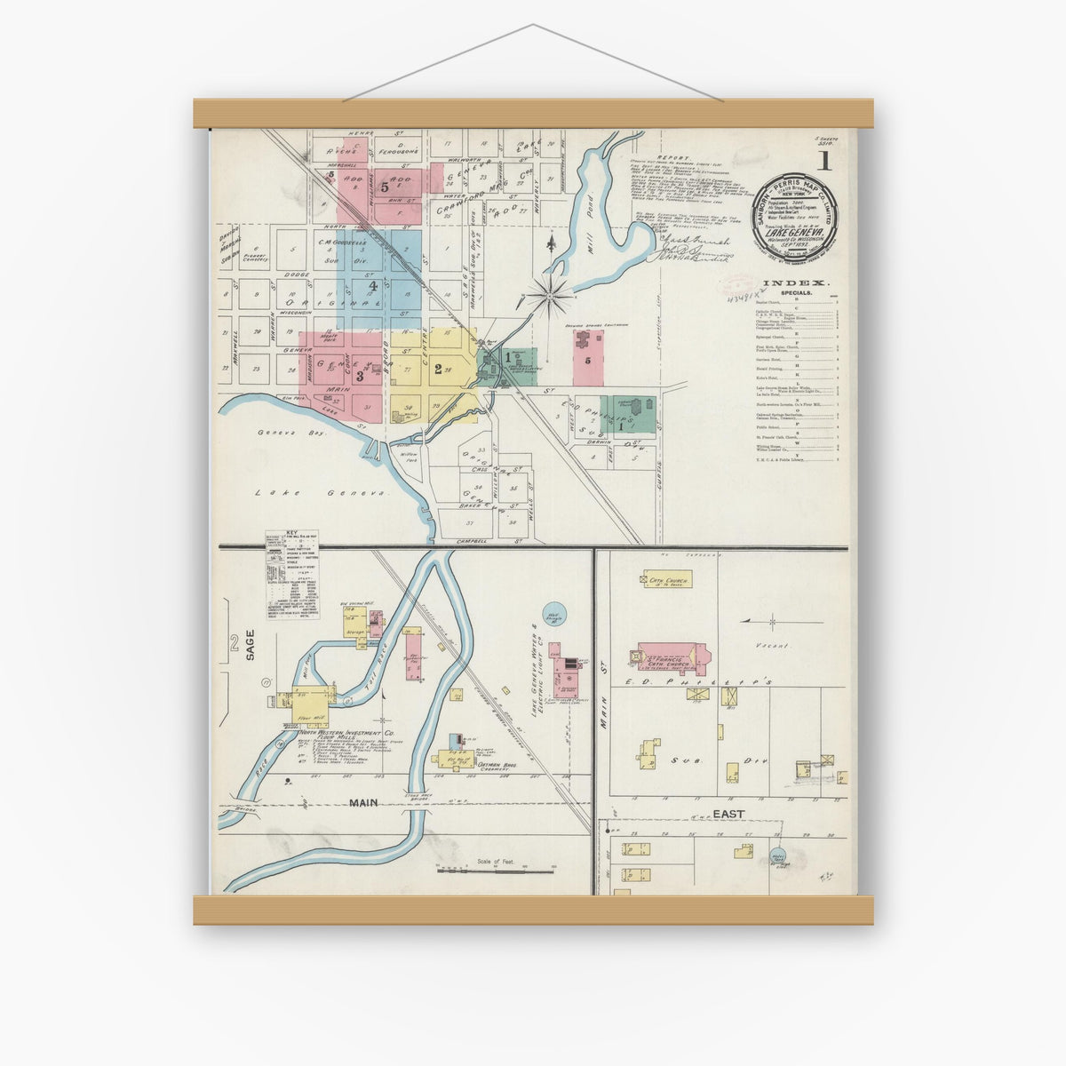 Old map wall art mockup — magnetic wood frame on white wall — Sanborn Fire Insurance Map from Lake Geneva, Walworth County, Wisconsin (1892) - Complete Map Set