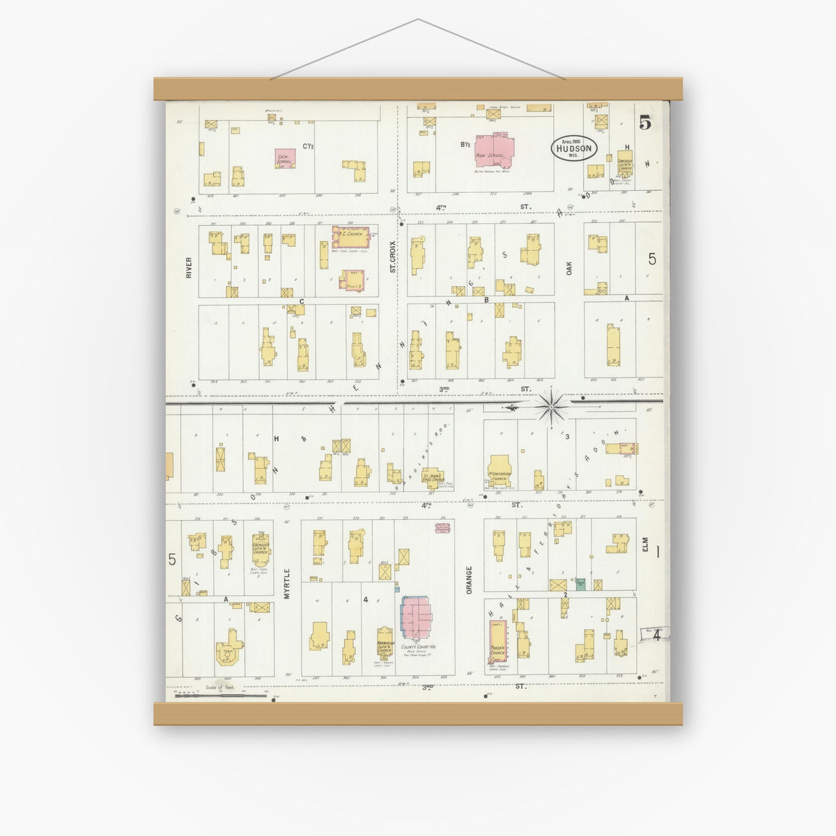 Old map wall art mockup — magnetic wood frame on white wall — Sanborn Fire Insurance Map from Hudson, St. Croix County, Wisconsin (1900), Sheet #0005
