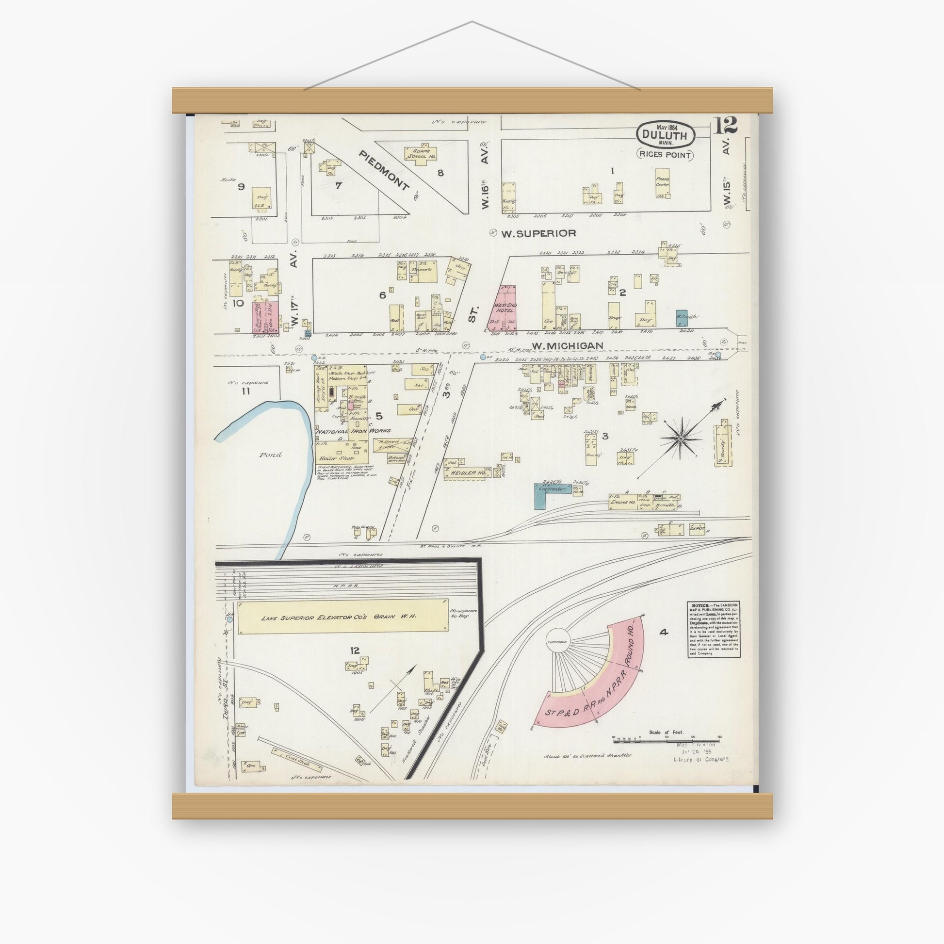 Old map wall art mockup — magnetic wood frame on white wall — Sanborn Fire Insurance Map from Duluth, Saint Louis County, Minnesota (1884), Sheet #0012