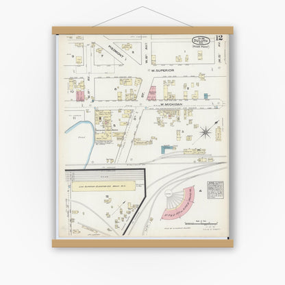 Old map wall art mockup — magnetic wood frame on white wall — Sanborn Fire Insurance Map from Duluth, Saint Louis County, Minnesota (1884), Sheet #0012