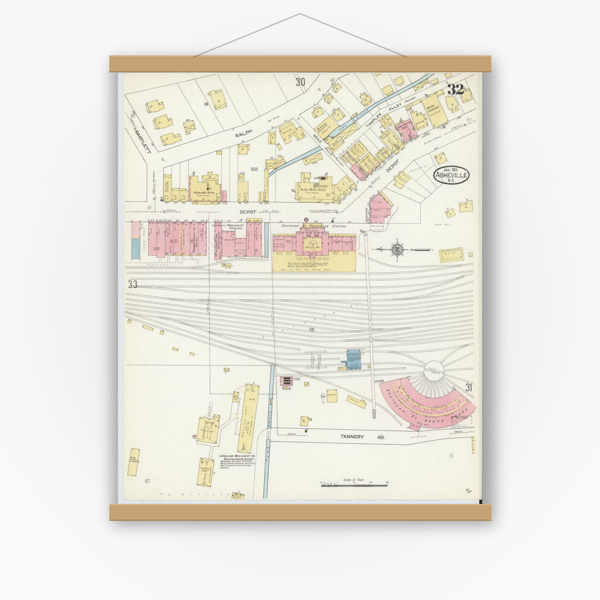 Old map wall art mockup — magnetic wood frame on white wall — Sanborn Fire Insurance Map from Asheville, Buncombe County, North Carolina (1913), Sheet #0032