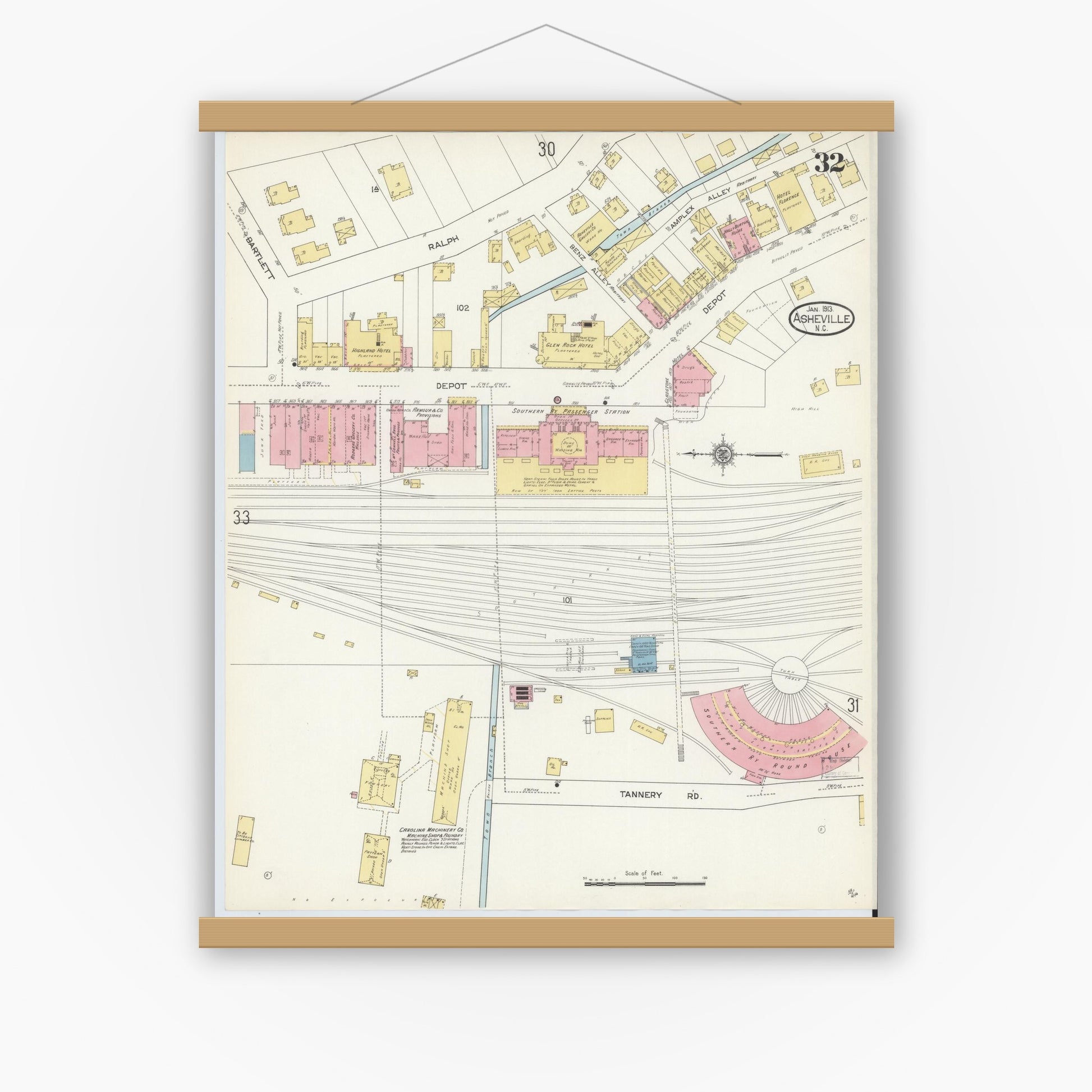 Old map wall art mockup — magnetic wood frame on white wall — Sanborn Fire Insurance Map from Asheville, Buncombe County, North Carolina (1913), Sheet #0032