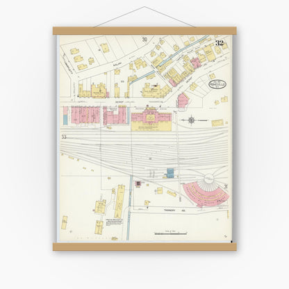 Old map wall art mockup — magnetic wood frame on white wall — Sanborn Fire Insurance Map from Asheville, Buncombe County, North Carolina (1913), Sheet #0032