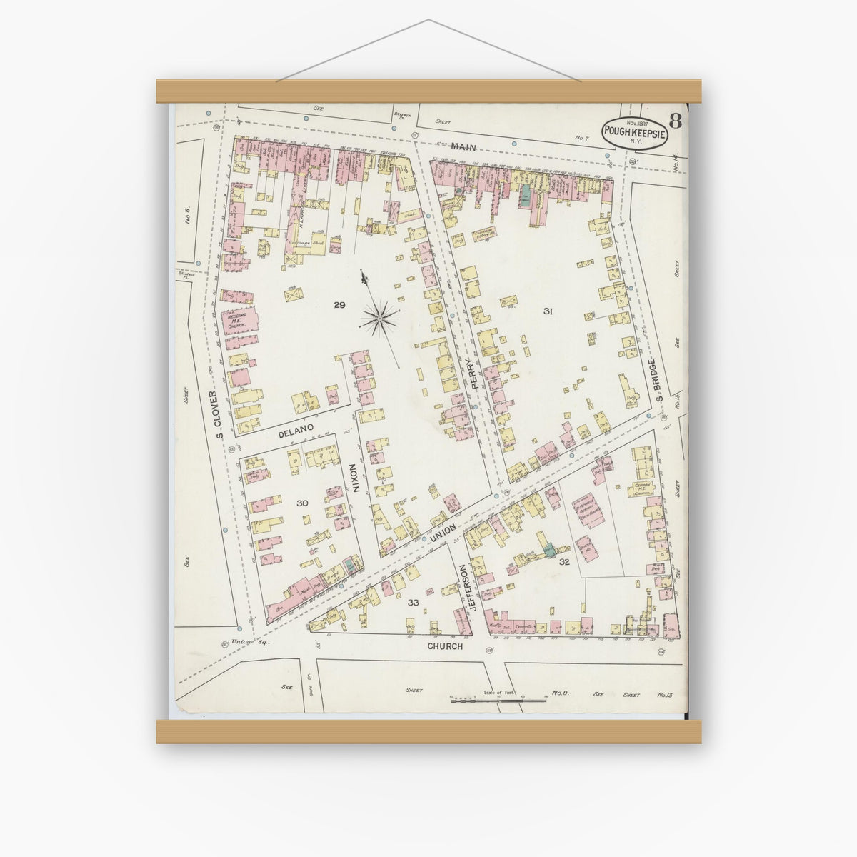 Old map wall art mockup — magnetic wood frame on white wall — Sanborn Fire Insurance Map from Poughkeepsie, Dutchess County, New York (1887), Sheet #0008
