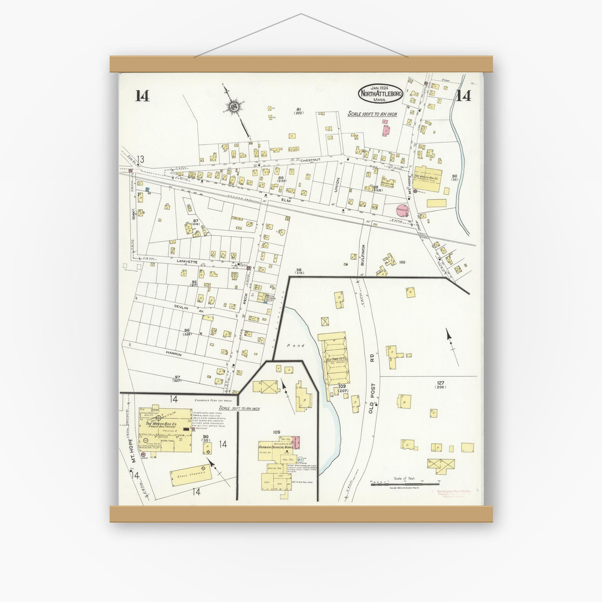 Old map wall art mockup — magnetic wood frame on white wall — Sanborn Fire Insurance Map from North Attleborough, Bristol County, Massachusetts (1924), Sheet #0014