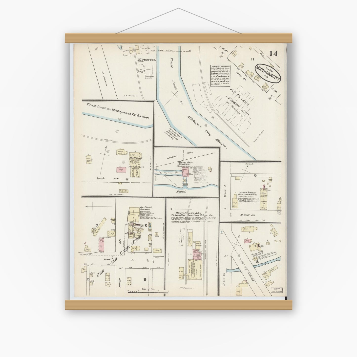 Old map wall art mockup — magnetic wood frame on white wall — Sanborn Fire Insurance Map from Michigan City, La Porte  County, Indiana (1884), Sheet #0014