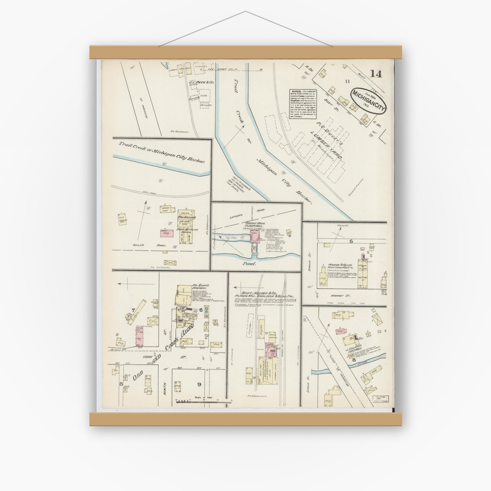 Old map wall art mockup — magnetic wood frame on white wall — Sanborn Fire Insurance Map from Michigan City, La Porte  County, Indiana (1884), Sheet #0014