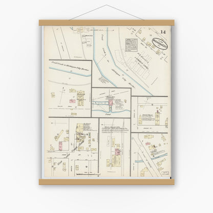 Old map wall art mockup — magnetic wood frame on white wall — Sanborn Fire Insurance Map from Michigan City, La Porte  County, Indiana (1884), Sheet #0014