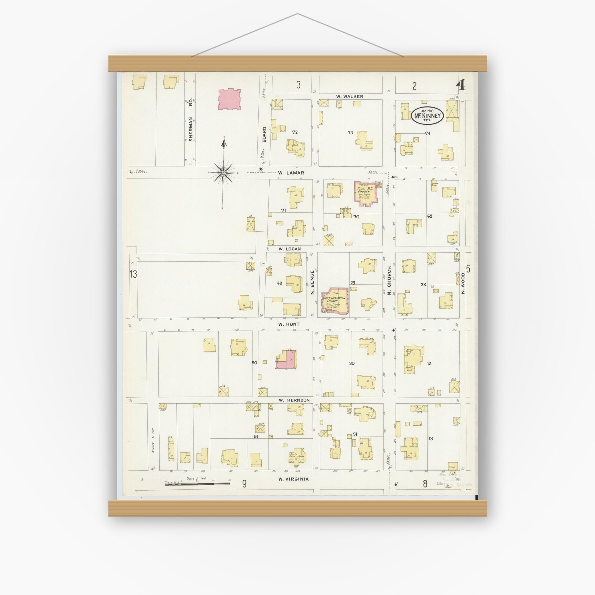 Old map wall art mockup — magnetic wood frame on white wall — Sanborn Fire Insurance Map from McKinney, Collin County, Texas (1908), Sheet #0004