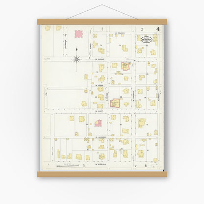 Old map wall art mockup — magnetic wood frame on white wall — Sanborn Fire Insurance Map from McKinney, Collin County, Texas (1908), Sheet #0004