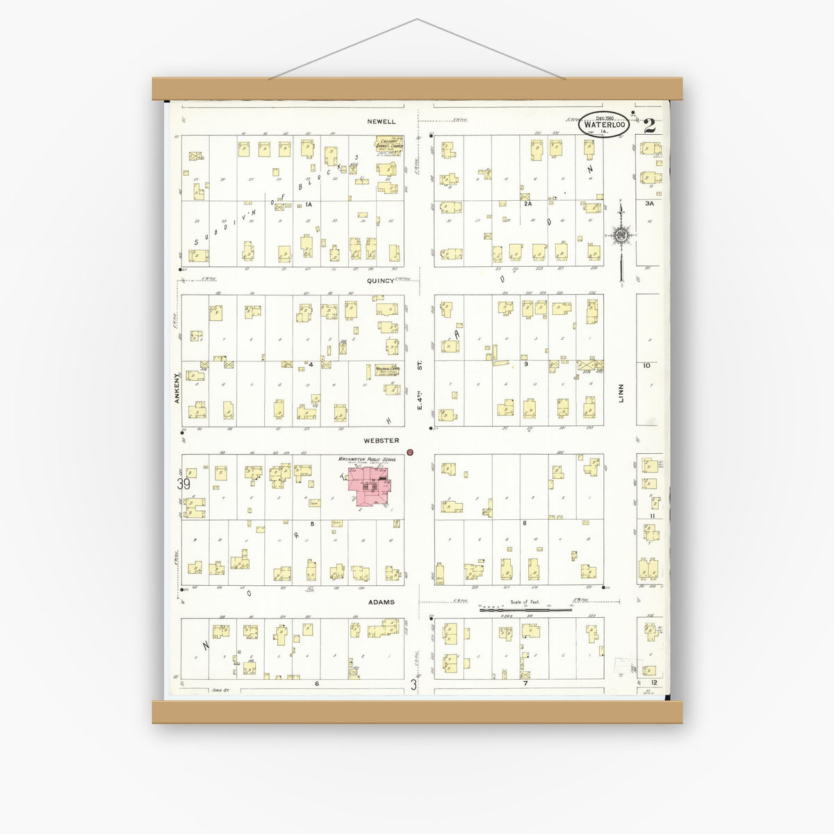 Old map wall art mockup — magnetic wood frame on white wall — Sanborn Fire Insurance Map from Waterloo, Black Hawk County, Iowa (1910), Sheet #0002