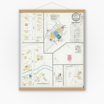 Old map wall art mockup — magnetic wood frame on white wall — Sanborn Fire Insurance Map from Bluffton, Allen County, Ohio (1901), Sheet #0001