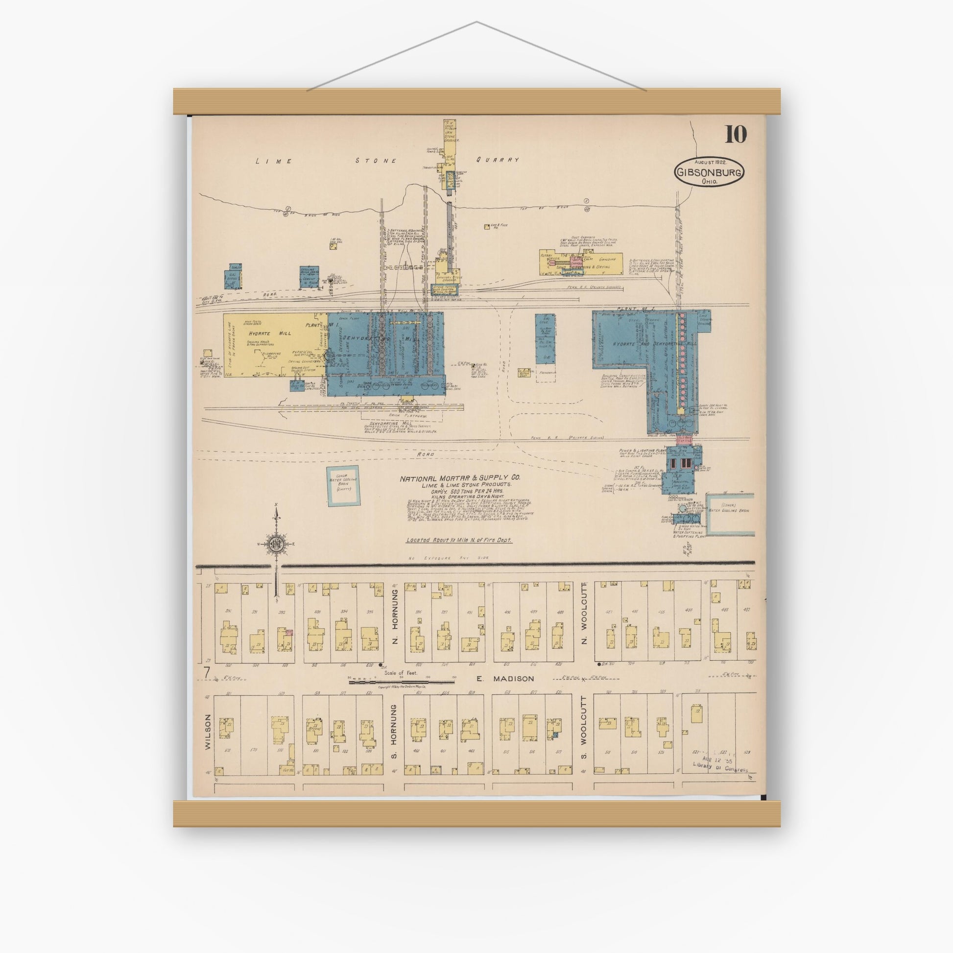 Old map wall art mockup — magnetic wood frame on white wall — Sanborn Fire Insurance Map from Gibsonburg, Sandusky County, Ohio (1922), Sheet #0010