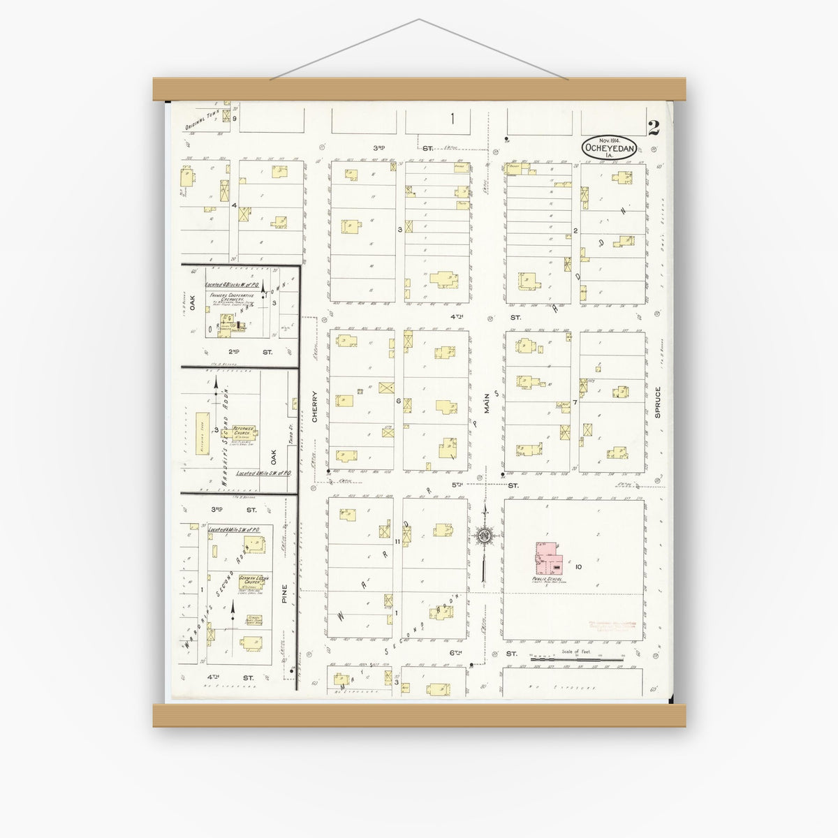 Old map wall art mockup — magnetic wood frame on white wall — Sanborn Fire Insurance Map from Ocheyedan, Osceola County, Iowa (1914), Sheet #0002
