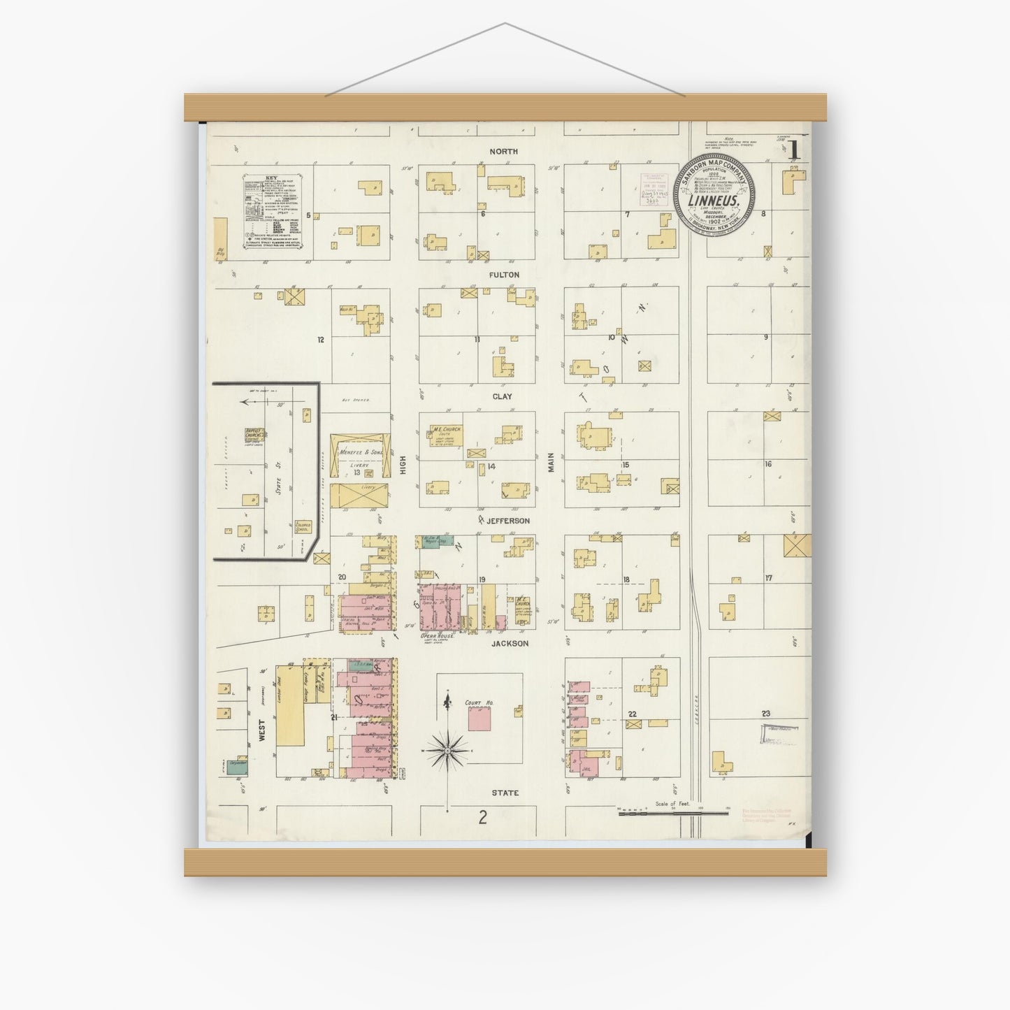Old map wall art mockup — magnetic wood frame on white wall — Sanborn Fire Insurance Map from Linneus, Linn County, Missouri (1902) - Complete Map Set