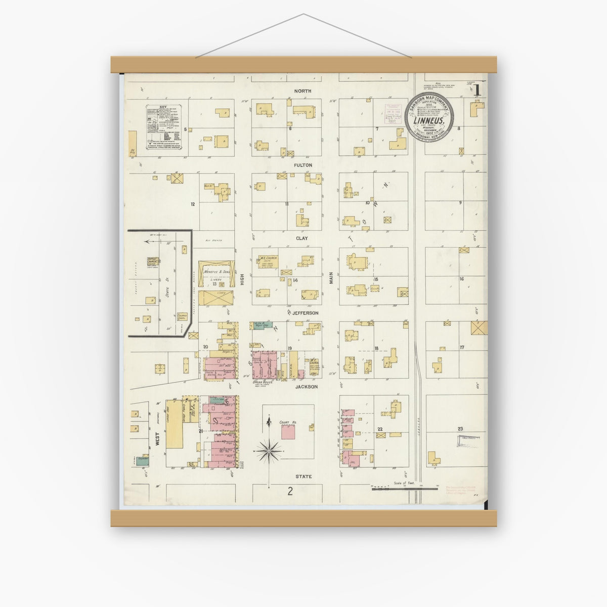 Old map wall art mockup — magnetic wood frame on white wall — Sanborn Fire Insurance Map from Linneus, Linn County, Missouri (1902) - Complete Map Set