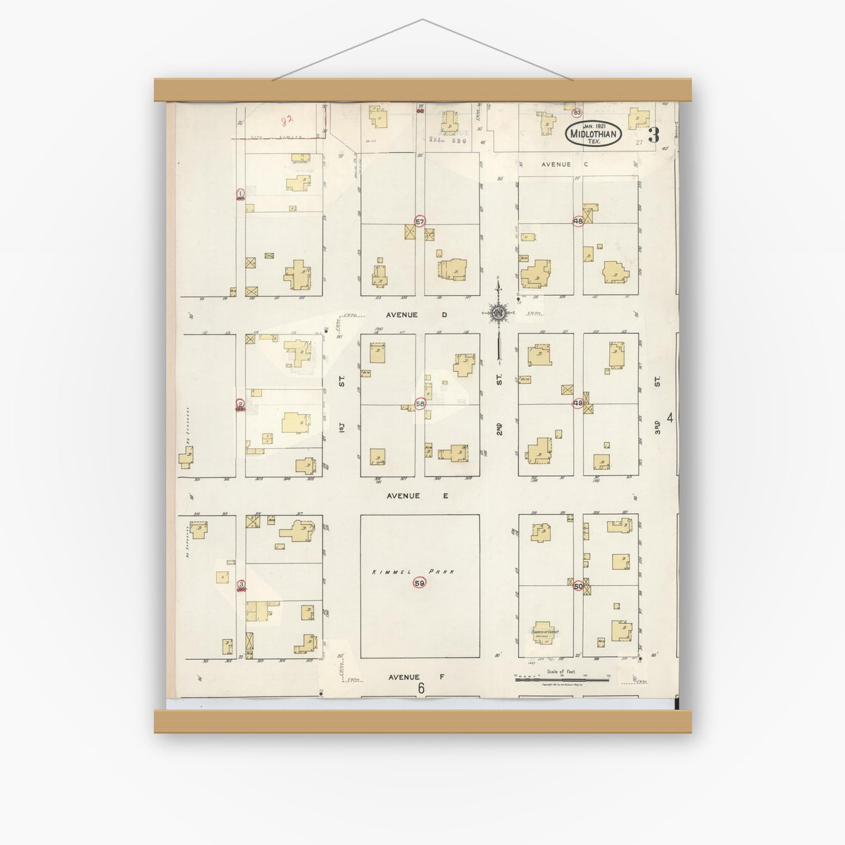 Old map wall art mockup — magnetic wood frame on white wall — Sanborn Fire Insurance Map from Midlothian, Ellis County, Texas (1944), Sheet #0003