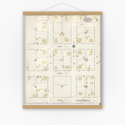 Old map wall art mockup — magnetic wood frame on white wall — Sanborn Fire Insurance Map from Midlothian, Ellis County, Texas (1944), Sheet #0003