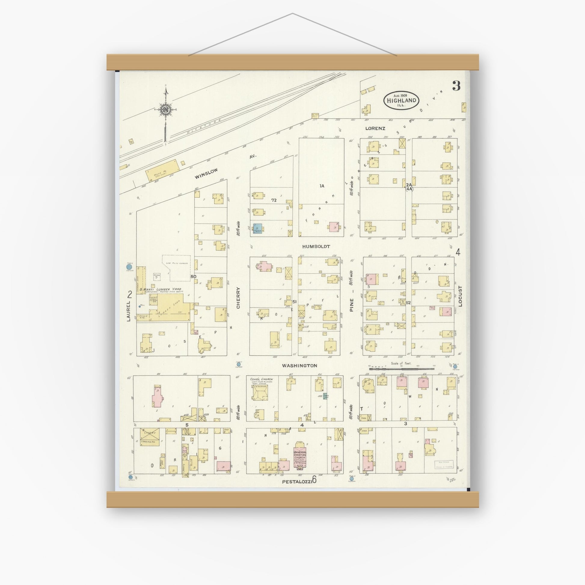 Old map wall art mockup — magnetic wood frame on white wall — Sanborn Fire Insurance Map from Highland, Madison County, Illinois (1908), Sheet #0003