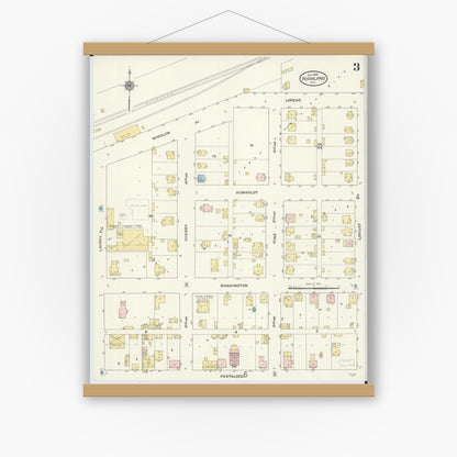 Old map wall art mockup — magnetic wood frame on white wall — Sanborn Fire Insurance Map from Highland, Madison County, Illinois (1908), Sheet #0003