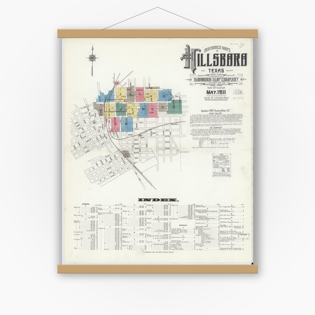 Old map wall art mockup — magnetic wood frame on white wall — Sanborn Fire Insurance Map from Hillsboro, Hill County, Texas (1911) - Complete Map Set