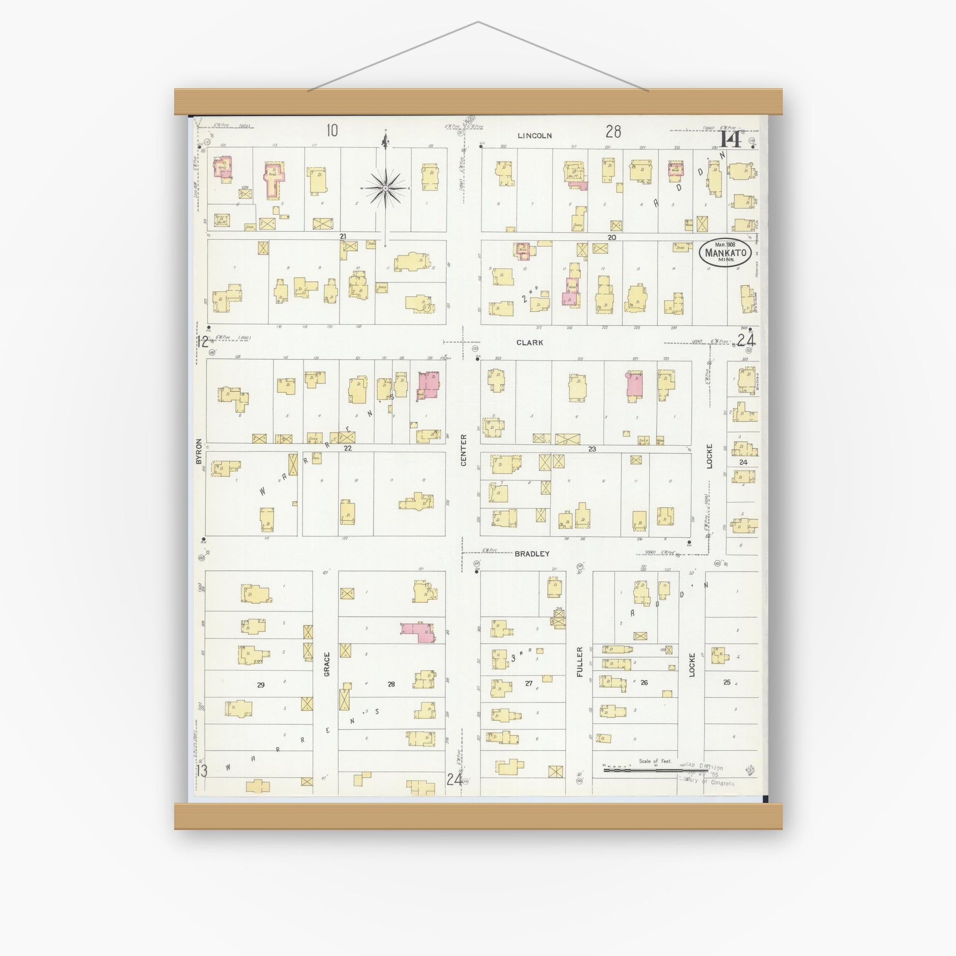 Old map wall art mockup — magnetic wood frame on white wall — Sanborn Fire Insurance Map from Mankato, Blue Earth County, Minnesota (1908), Sheet #0014