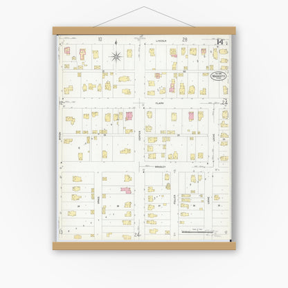 Old map wall art mockup — magnetic wood frame on white wall — Sanborn Fire Insurance Map from Mankato, Blue Earth County, Minnesota (1908), Sheet #0014