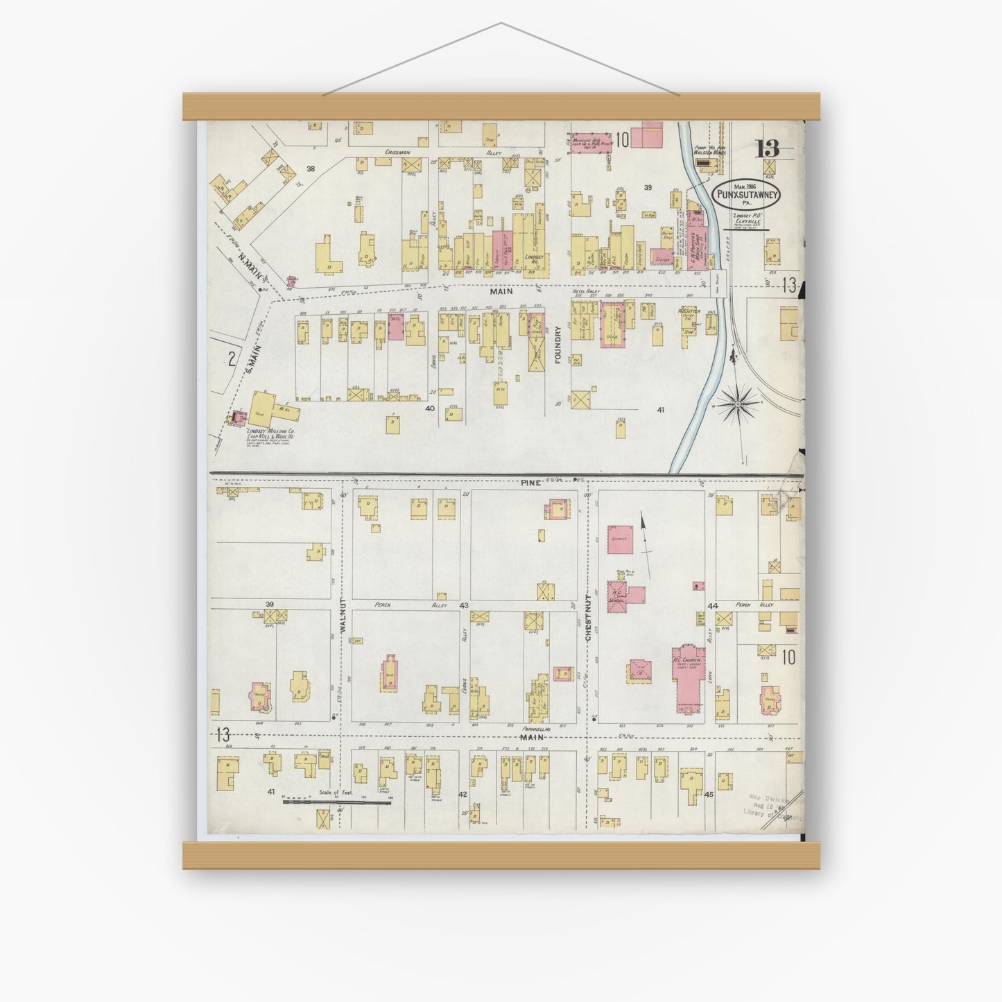 Old map wall art mockup — magnetic wood frame on white wall — Sanborn Fire Insurance Map from Punxsutawney, Jefferson County, Pennsylvania (1906), Sheet #0013