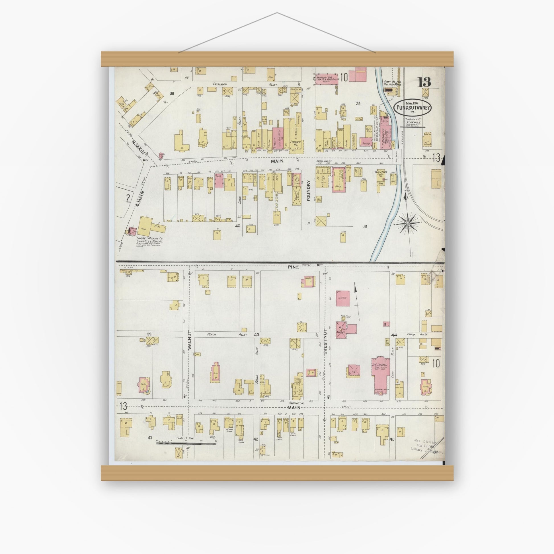 Old map wall art mockup — magnetic wood frame on white wall — Sanborn Fire Insurance Map from Punxsutawney, Jefferson County, Pennsylvania (1906), Sheet #0013