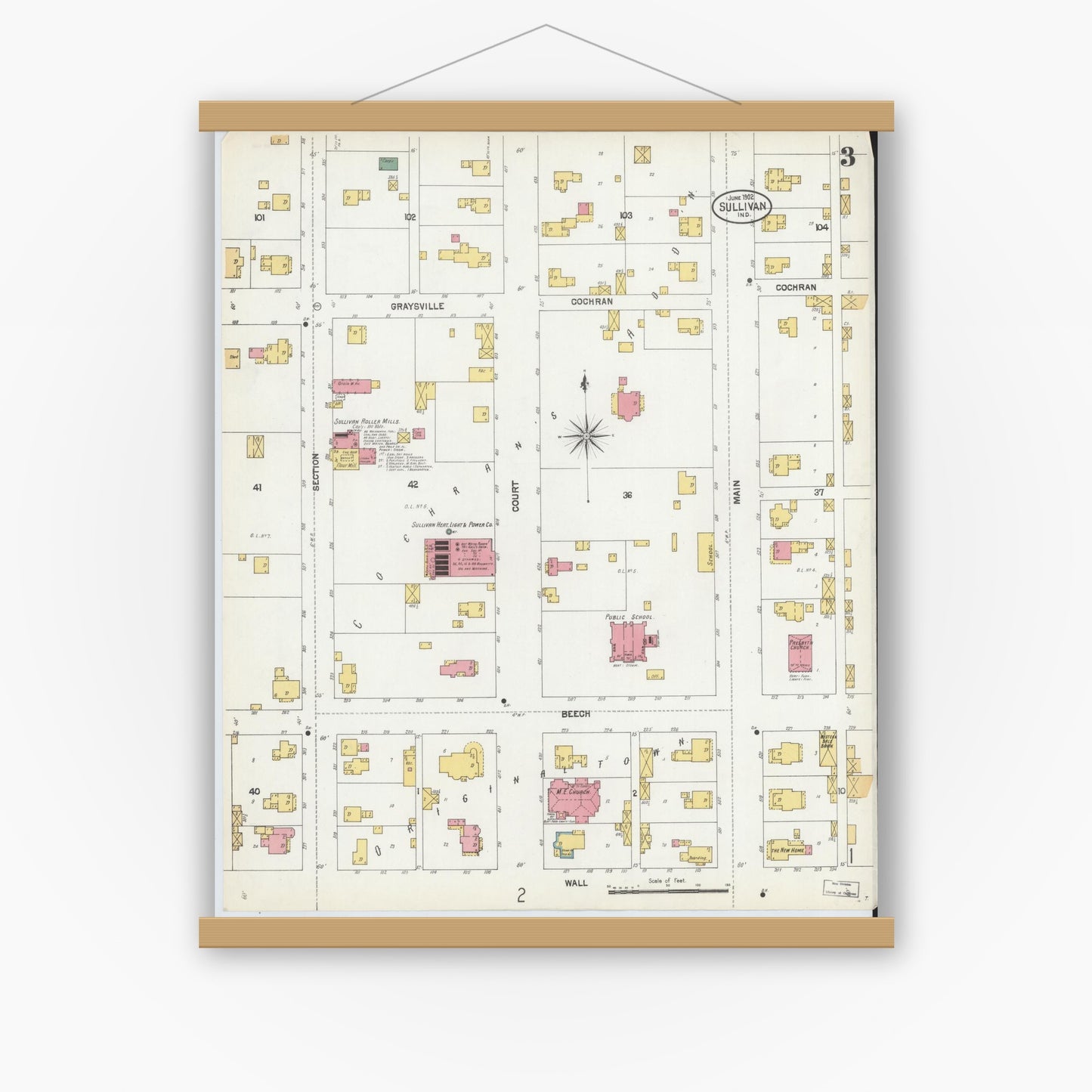 Old map wall art mockup — magnetic wood frame on white wall — Sanborn Fire Insurance Map from Sullivan, Sullivan County, Indiana (1902), Sheet #0003