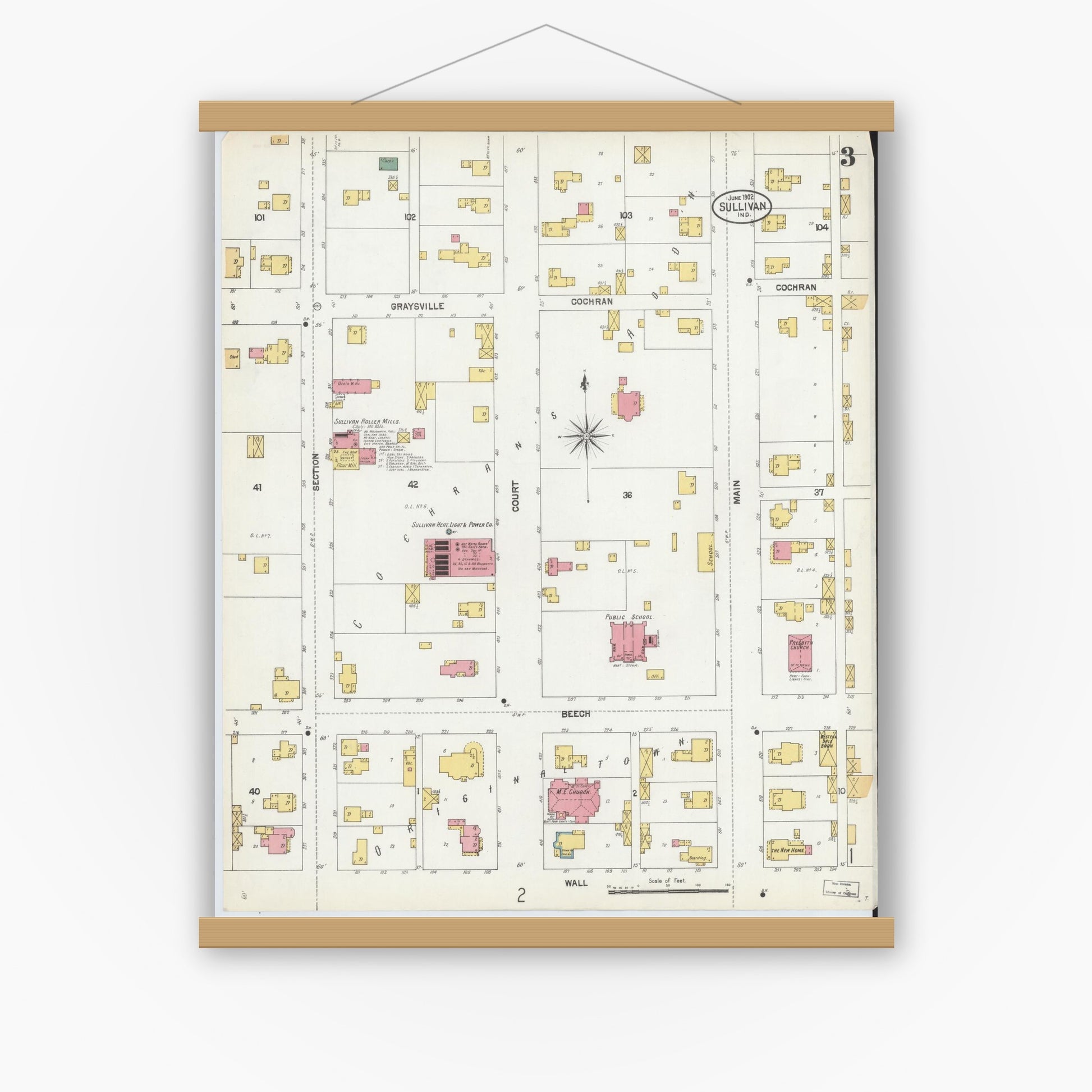 Old map wall art mockup — magnetic wood frame on white wall — Sanborn Fire Insurance Map from Sullivan, Sullivan County, Indiana (1902), Sheet #0003