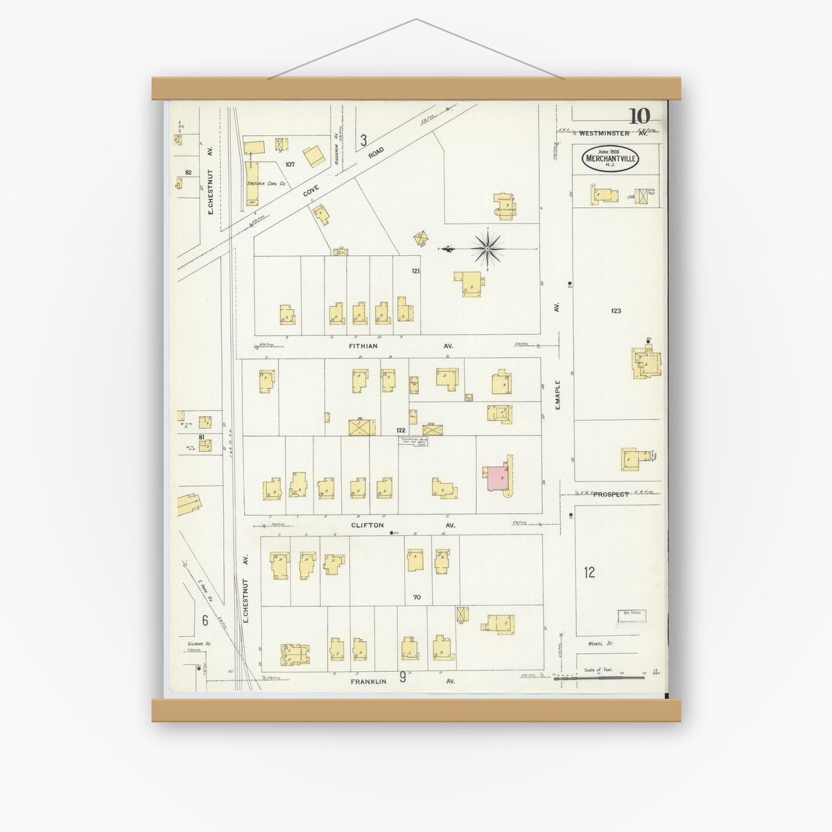 Old map wall art mockup — magnetic wood frame on white wall — Sanborn Fire Insurance Map from Merchantville, Camden County, New Jersey (1908), Sheet #0010
