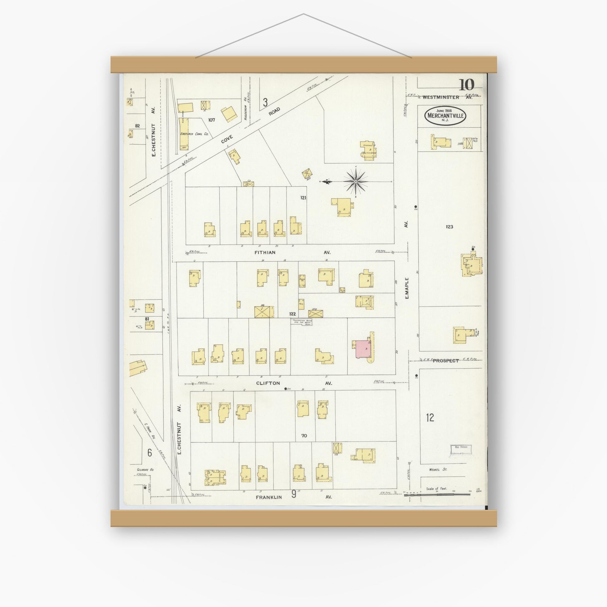 Old map wall art mockup — magnetic wood frame on white wall — Sanborn Fire Insurance Map from Merchantville, Camden County, New Jersey (1908), Sheet #0010