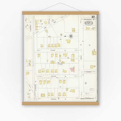 Old map wall art mockup — magnetic wood frame on white wall — Sanborn Fire Insurance Map from Merchantville, Camden County, New Jersey (1908), Sheet #0010