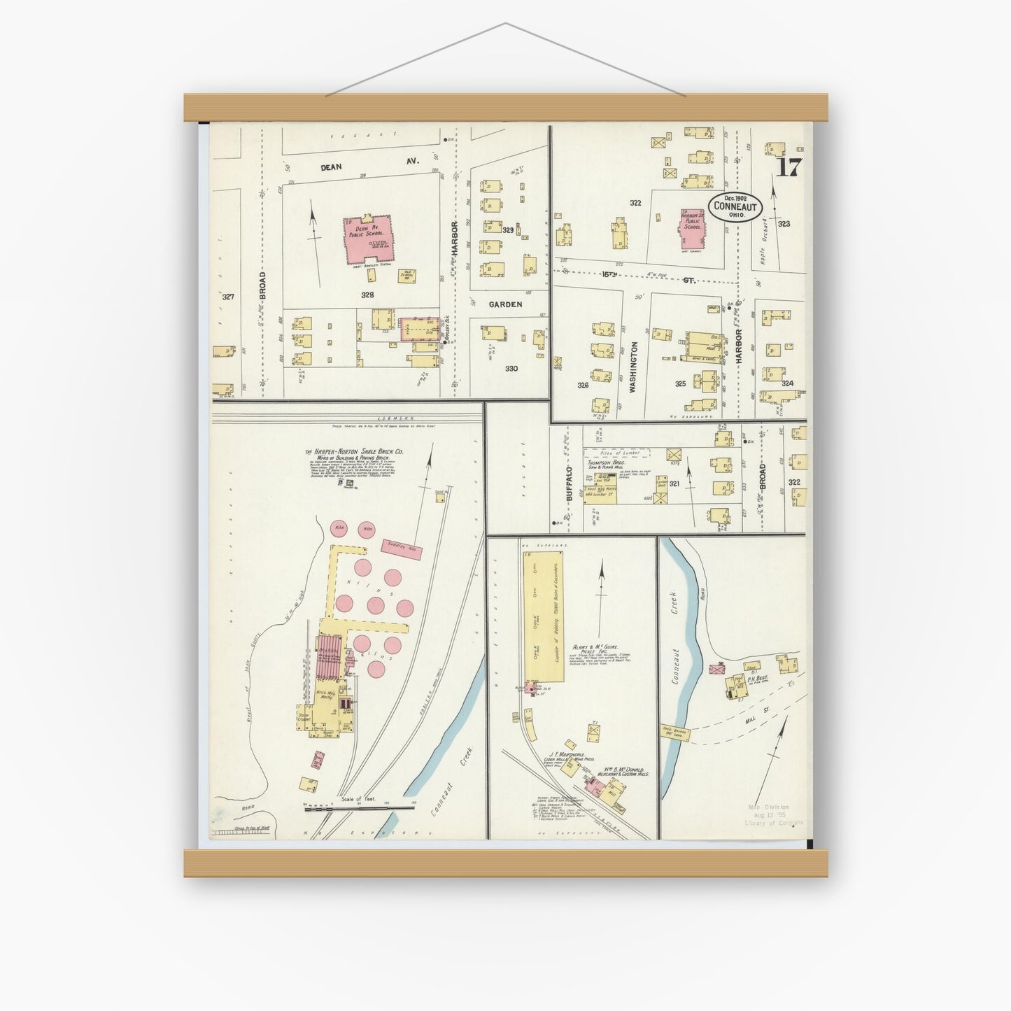 Old map wall art mockup — magnetic wood frame on white wall — Sanborn Fire Insurance Map from Conneaut, Ashtabula County, Ohio (1902), Sheet #0017