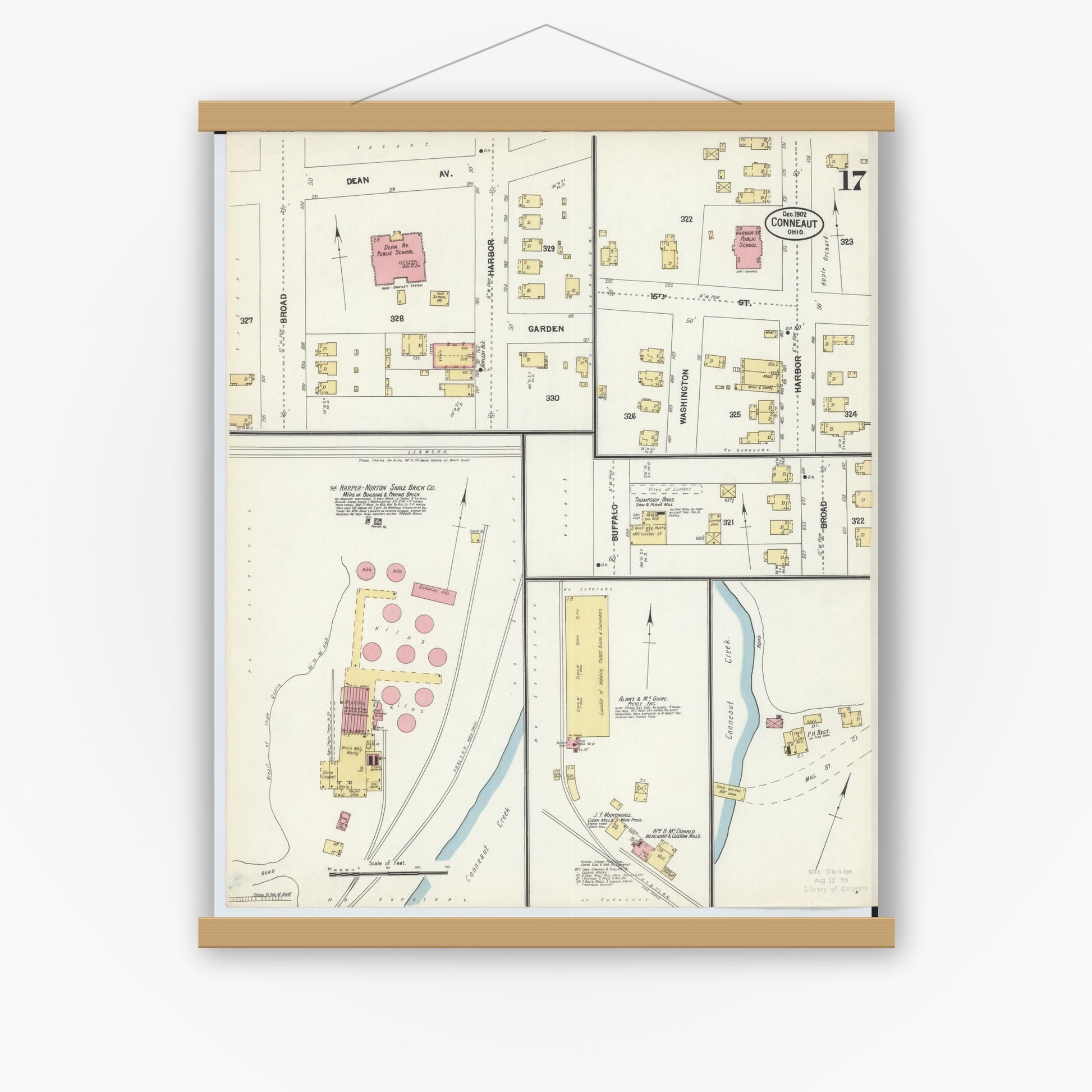 Old map wall art mockup — magnetic wood frame on white wall — Sanborn Fire Insurance Map from Conneaut, Ashtabula County, Ohio (1902), Sheet #0017