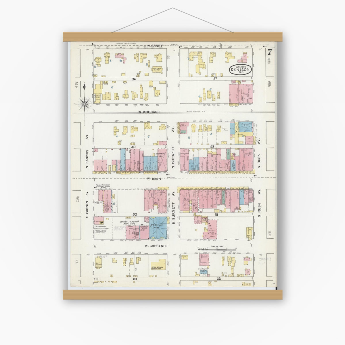 Old map wall art mockup — magnetic wood frame on white wall — Sanborn Fire Insurance Map from Denison, Grayson County, Texas (1892), Sheet #0007