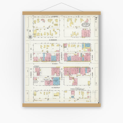 Old map wall art mockup — magnetic wood frame on white wall — Sanborn Fire Insurance Map from Denison, Grayson County, Texas (1892), Sheet #0007