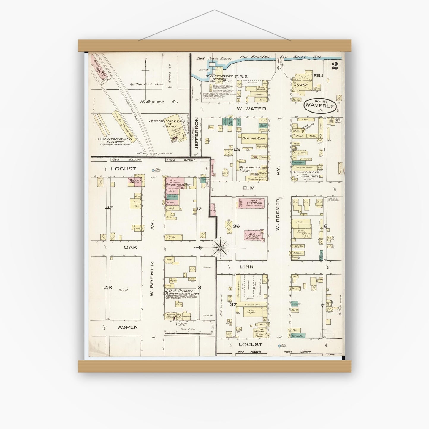 Old map wall art mockup — magnetic wood frame on white wall — Sanborn Fire Insurance Map from Waverly, Bremer County, Iowa (1885), Sheet #0002